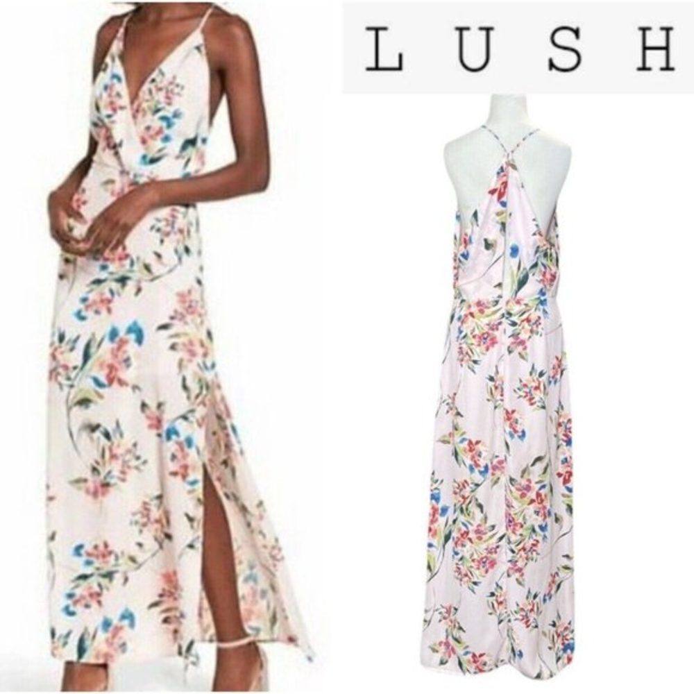 Lush Women's Pink Floral Print Surplice Maxi Dress V-Neck Lined‎ NWT Size Small